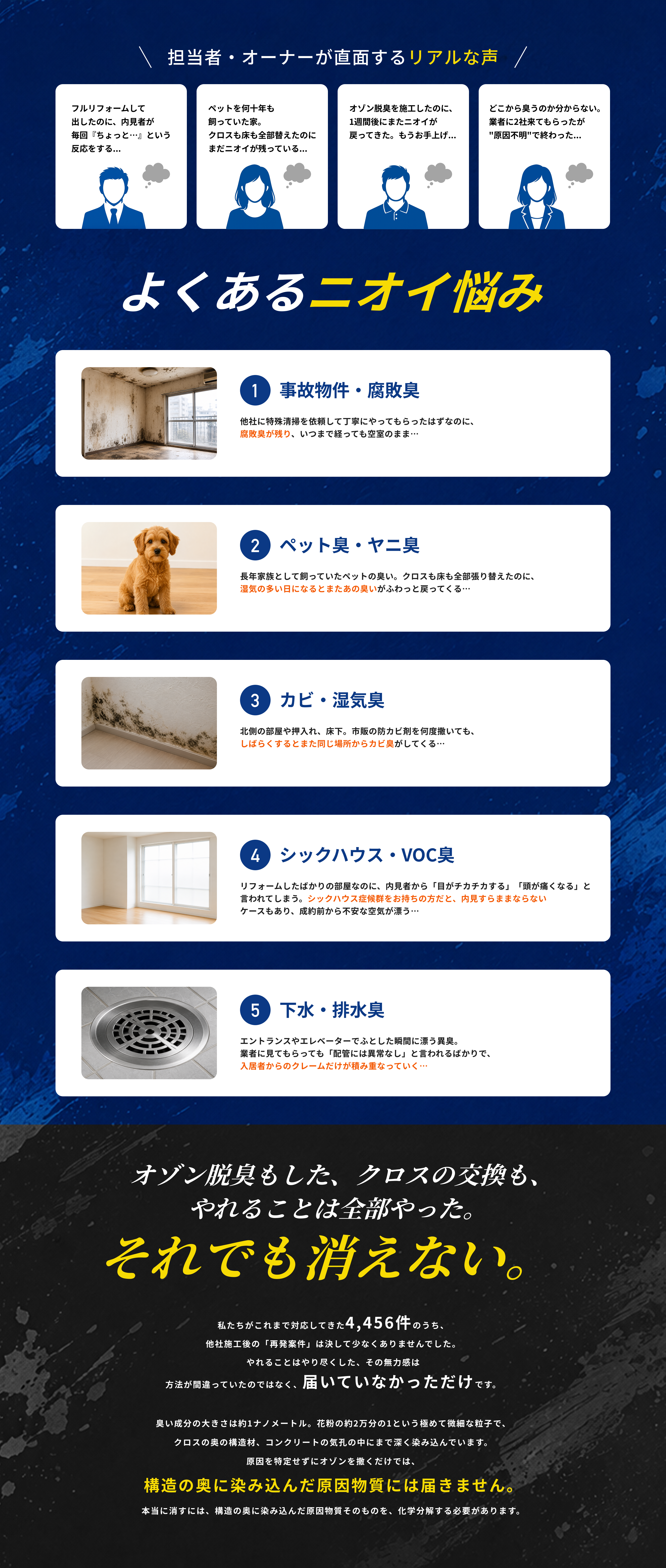 事故物件・腐敗臭、ペット臭、カビや腐敗臭、シックハウスやVOC、下水や排水口など、よくあるニオイの悩みを紹介します。